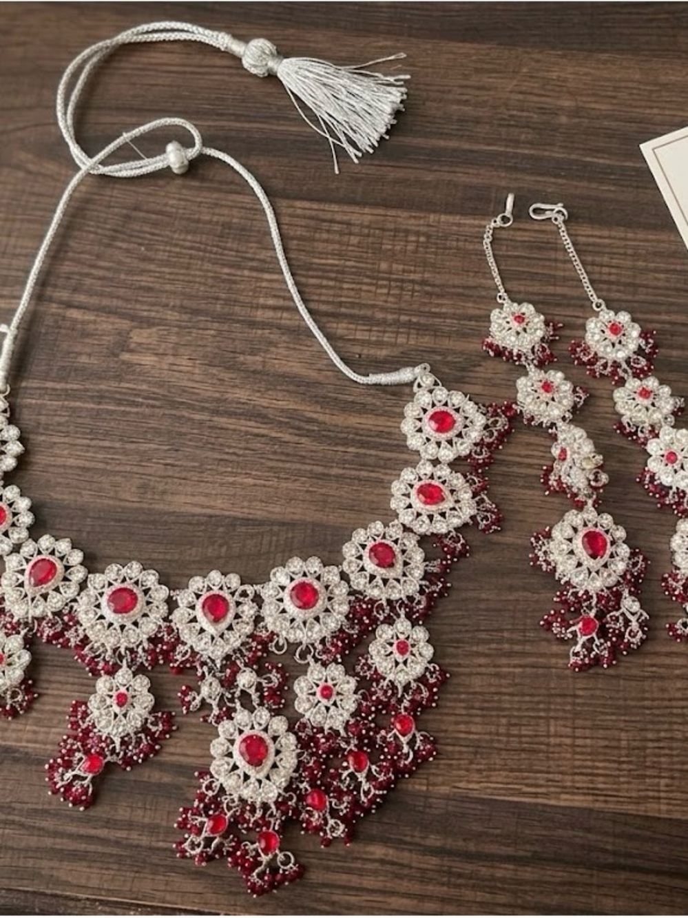 Elegant Red and Silver Statement Necklace & Earrings Set - Picture 2 of 6